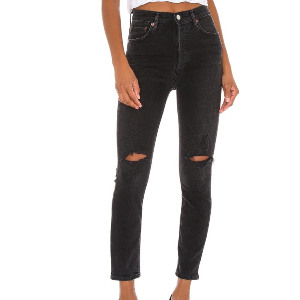 Agolde Nico High Rise Slim Denim Jeans Cotton Stretch Destroyed Button Fly 26